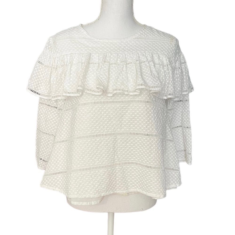 Rachel Parcell White Ruffle Cotton Swiss dot Blouse